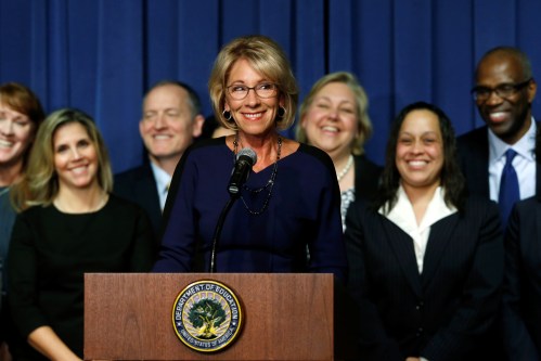U.S. Education Secretary DeVos mentions her contentious confirmation process as she addresses Education Department staff on her first day on the job in Washington