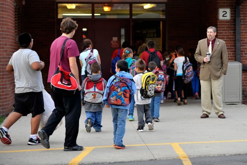 Students arrive for school in Mahnomen school district in Mahnomen, Minnesota