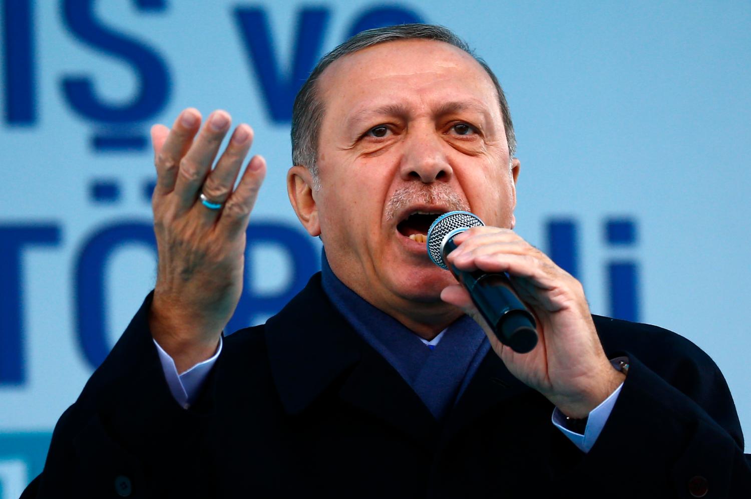 Turkish President Tayyip Erdogan addresses his supporters during a rally for the upcoming referendum in the Kurdish-dominated southeastern city of Diyarbakir, Turkey, April 1, 2017. REUTERS/Murad Sezer