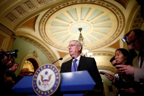 U.S. Senate Majority Leader Mitch McConnell (R-KY) speaks to reporters after the weekly Republican caucus policy luncheon at the U.S. Capitol in Washington, U.S. April 4, 2017. REUTERS/Eric Thayer - RTX34336