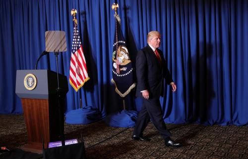 U.S. President Donald Trump leaves after delivering a statement about missile strikes on a Syrian airfield, at his Mar-a-Lago estate in Palm Beach, Florida, U.S., April 6, 2017. REUTERS/Carlos Barria - RTX34H6H