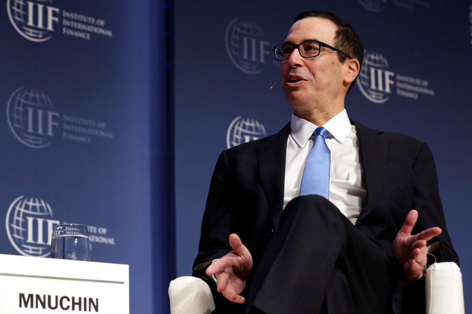 U.S. Treasury Secretary Steven Mnuchin speaks at 2017 Institute of International Finance (IIF) policy summit in Washington, U.S., April 20, 2017. REUTERS/Yuri Gripas - RTS136H0