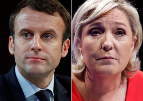 A combination picture shows portraits of the candidates who will run in the second round in the 2017 French presidential election, Emmanuel Macron (L), head of the political movement En Marche !, or Onwards !, and Marine Le Pen, French National Front (FN) political party leader. Pictures taken March 11, 2017 (R) and February 21, 2017 (L). REUTERS/Christian Hartmann - RTS13KJY