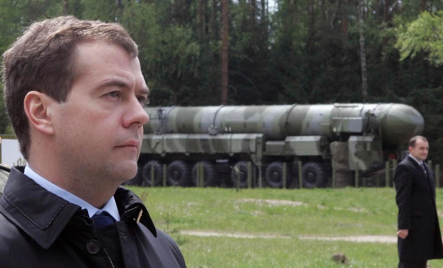 Russia's President Dmitry Medvedev (L) visits a missile base in Teikovo in the Ivanovo region, May 15, 2008. Medvedev made his first domestic trip as Kremlin leader to a top-secret missile base on Thursday, underscoring the strategic role of nuclear weapons in Russia's assertive world policy. REUTERS/Pool (RUSSIA) - RTX5QY3
