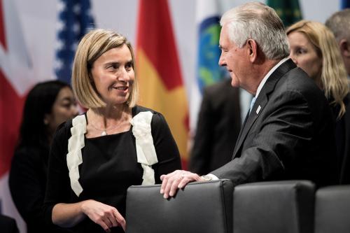 EU's High Representative Federica Mogherini and US Secretary of State Rex Tillerson talk in Bonn, Germany.