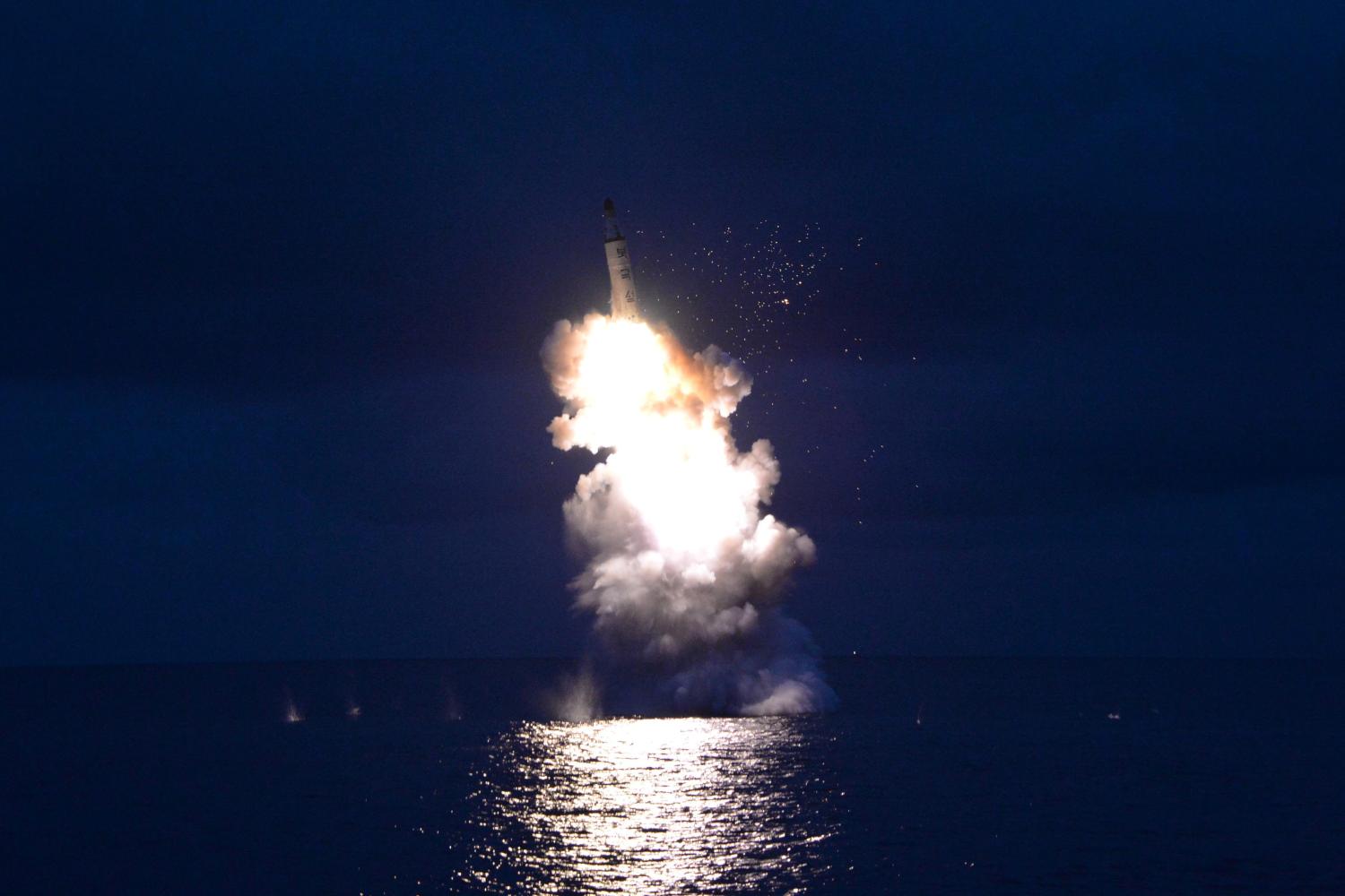 A test-fire of strategic submarine-launched ballistic missile is seen in this undated photo released by North Korea's Korean Central News Agency (KCNA) in Pyongyang August 25, 2016. REUTERS/KCNA ATTENTION EDITORS - THIS PICTURE WAS PROVIDED BY A THIRD PARTY. REUTERS IS UNABLE TO INDEPENDENTLY VERIFY THE AUTHENTICITY, CONTENT, LOCATION OR DATE OF THIS IMAGE. FOR EDITORIAL USE ONLY. NOT FOR SALE FOR MARKETING OR ADVERTISING CAMPAIGNS. NO THIRD PARTY SALES. NOT FOR USE BY REUTERS THIRD PARTY DISTRIBUTORS. SOUTH KOREA OUT. NO COMMERCIAL OR EDITORIAL SALES IN SOUTH KOREA. THIS PICTURE IS DISTRIBUTED EXACTLY AS RECEIVED BY REUTERS, AS A SERVICE TO CLIENTS. TPX IMAGES OF THE DAY - RTX2MY4P