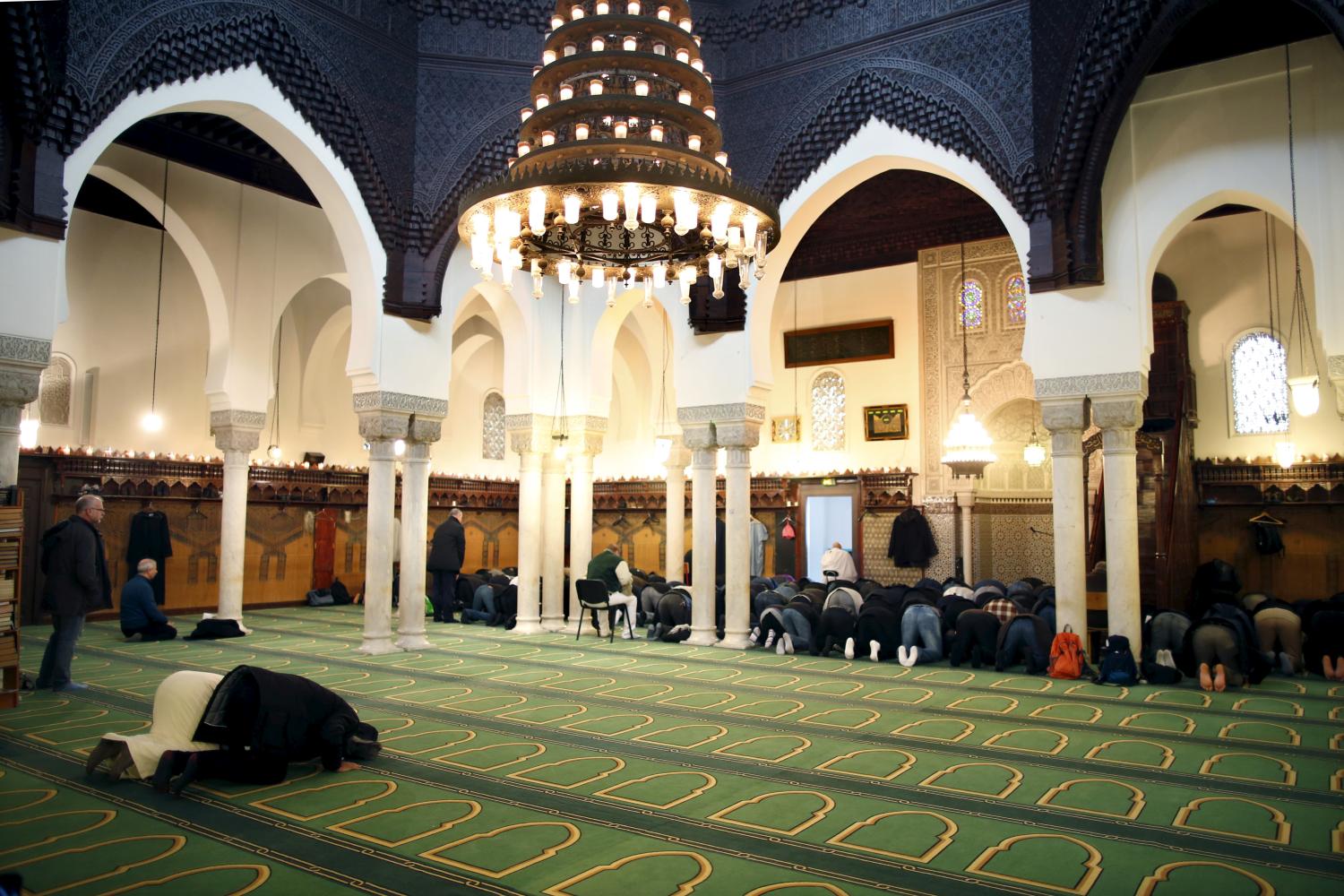 Members of the Muslim community pray in the Paris Grand Mosque during an open day weekend for mosques in France, January 10, 2016. REUTERS/Charles Platiau - RTX21QR1