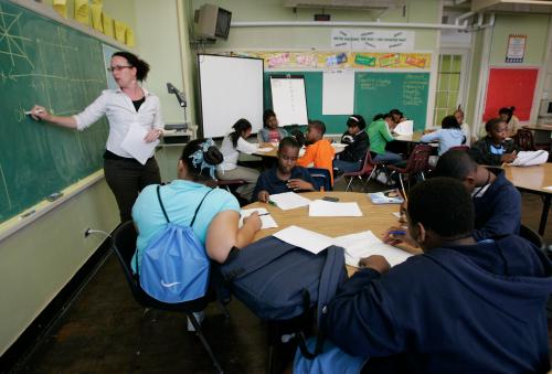 Teacher Darcy McKinnon teaches math to her seventh grade class at Samuel J. Green Charter School in New Orleans February 22, 2006.