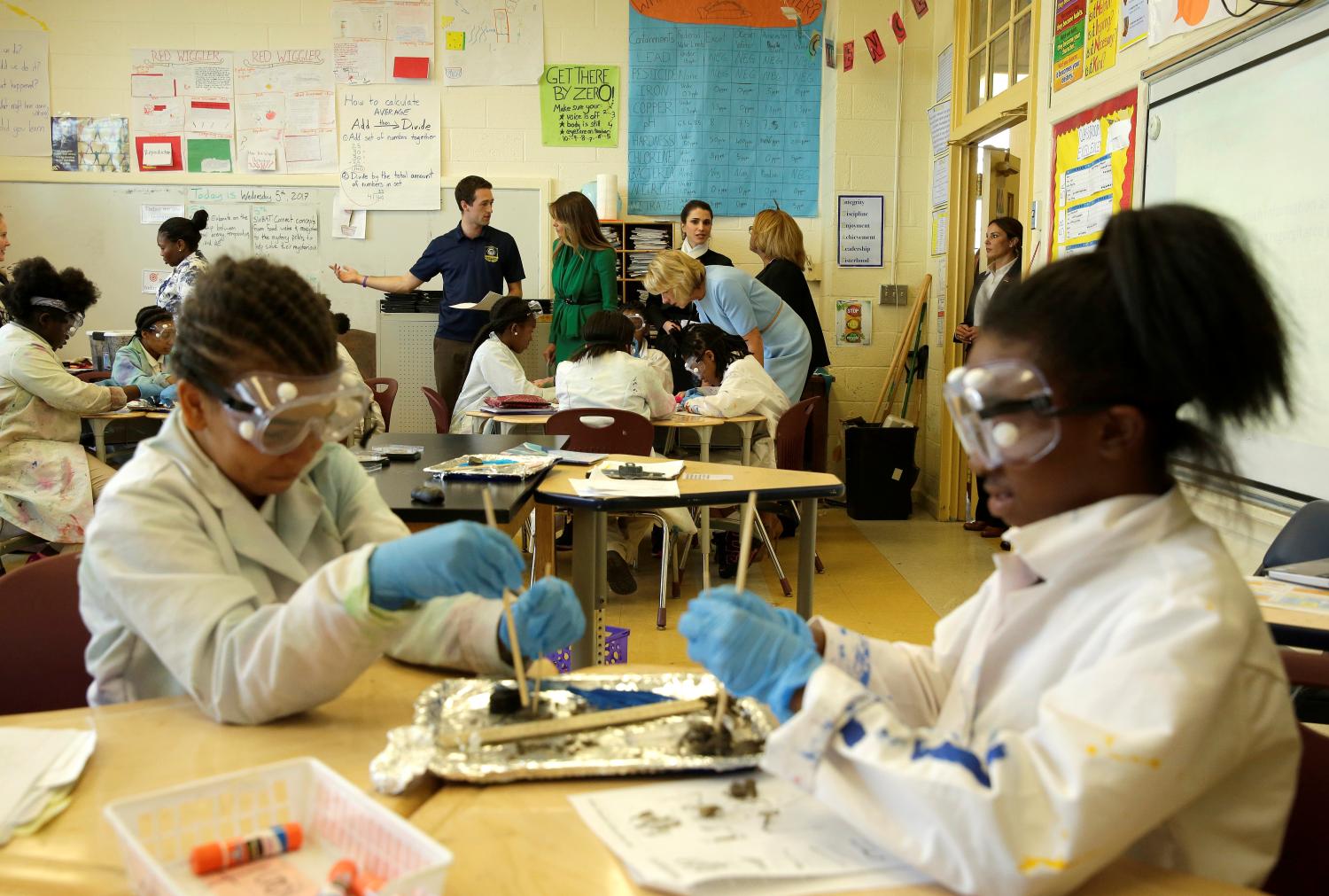 U.S. first lady Melania Trump, Jordans Queen Rania, and U.S. Secretary of Education Betsy DeVos visit Excel Academy Public Charter School in Washington