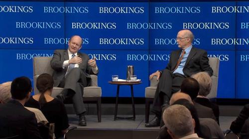 Senator Coons and Strobe Talbott at a Brookings event