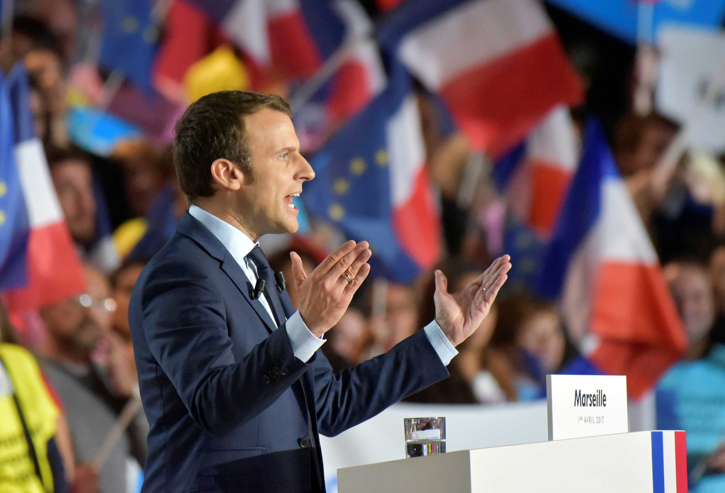 Macron, head of the political movement En Marche !, or Onwards !, and candidate for the 2017 French presidential election, attends a campaign rally in Marseille