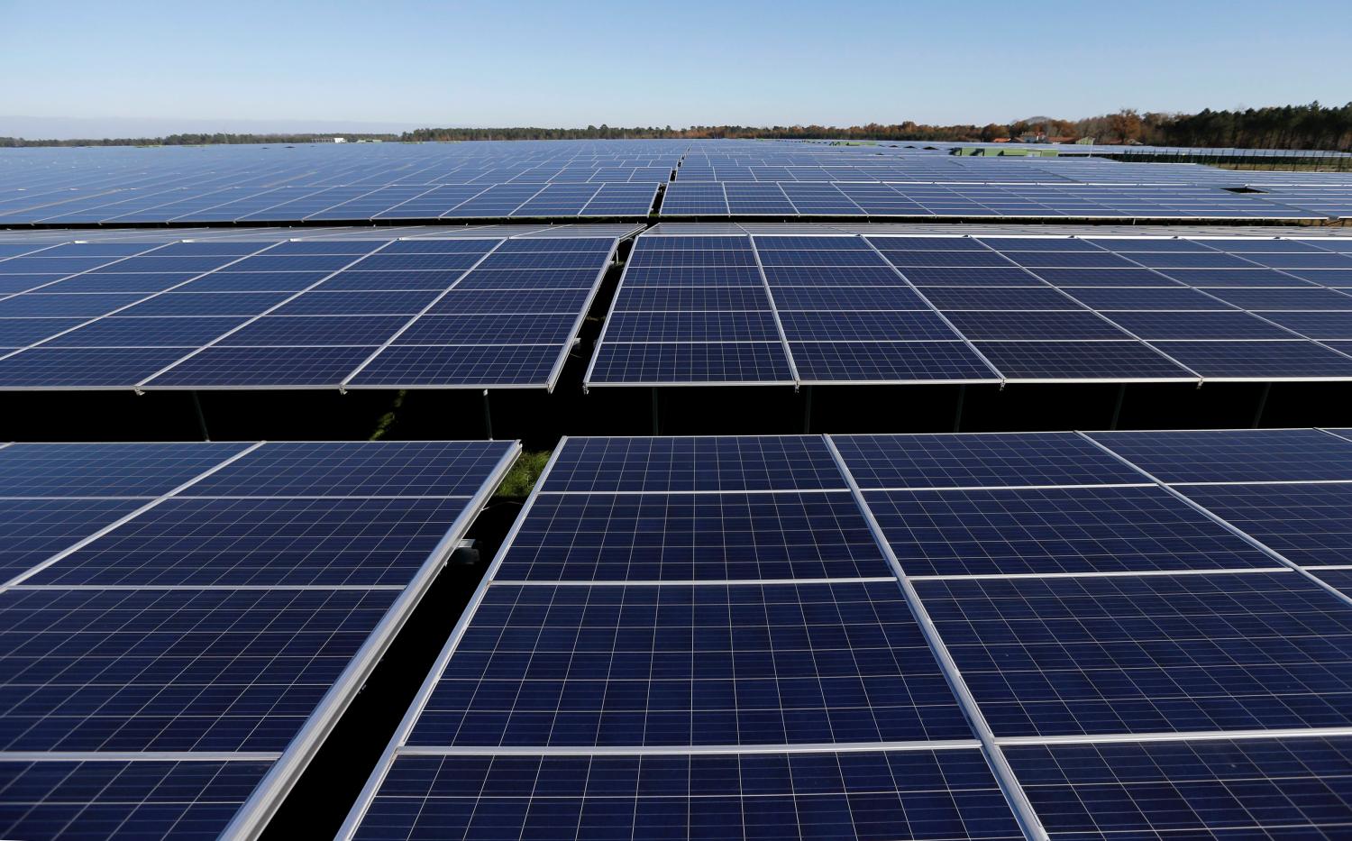 File photo shows a general view of solar panels used to produce renewable energy at the photovoltaic park during its official inauguration in Cestas