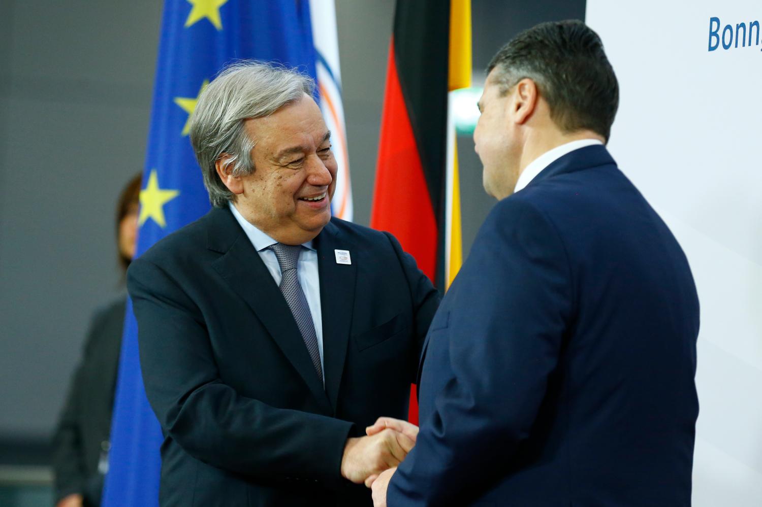 German Foreign Minister Gabriel welcomes United Nations Secretary General Guterres prior to the G-20 Foreign Ministers meeting in Bonn