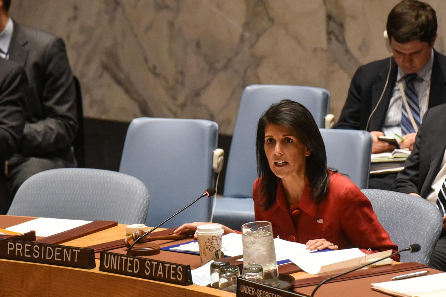 United States Ambassador to the United Nations Nikki Haley delivers introductory remarks during the Security Council meeting on the situation in Syria at the United Nations Headquarters, in New York