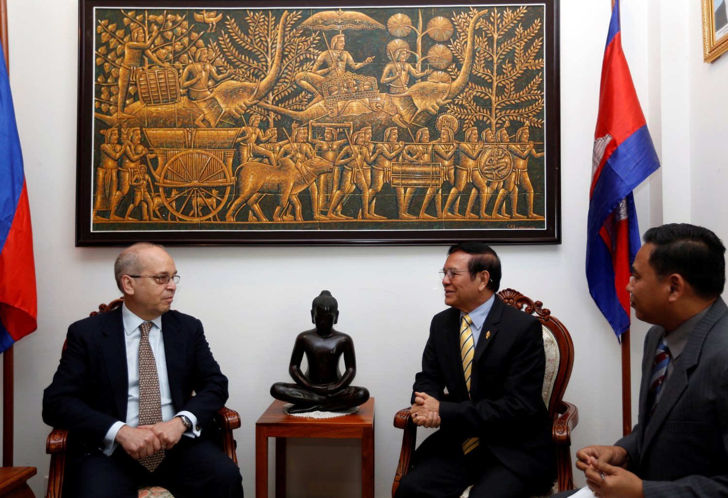 U.S. Assistant Secretary of State for East Asian and Pacific Affairs Daniel Russel attends a meeting with Kem Sokha, leader of the Cambodia National Rescue Party, at the CNRP headquarters in Phnom Penh