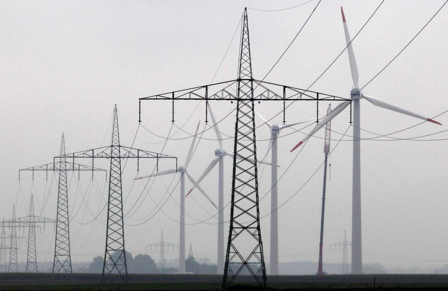 Maintenance work is done on a Vestas wind turbine at a wind energy park near Heide