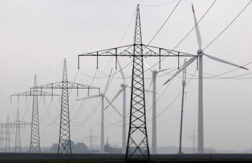 Maintenance work is done on a Vestas wind turbine at a wind energy park near Heide