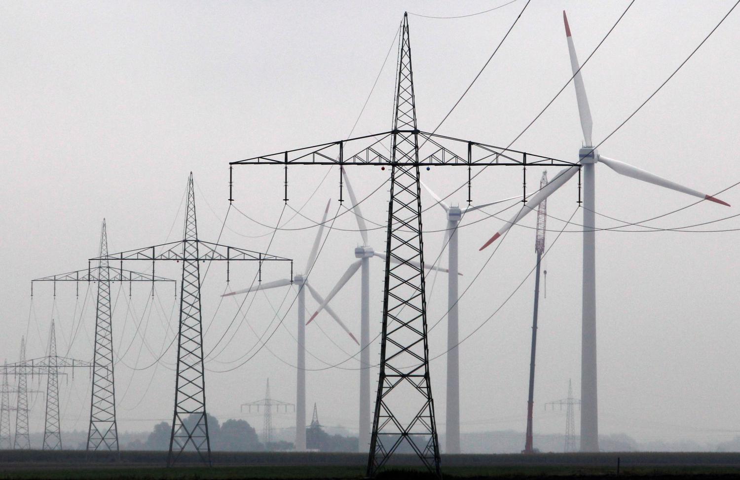 Maintenance work is done on a Vestas wind turbine at a wind energy park near Heide