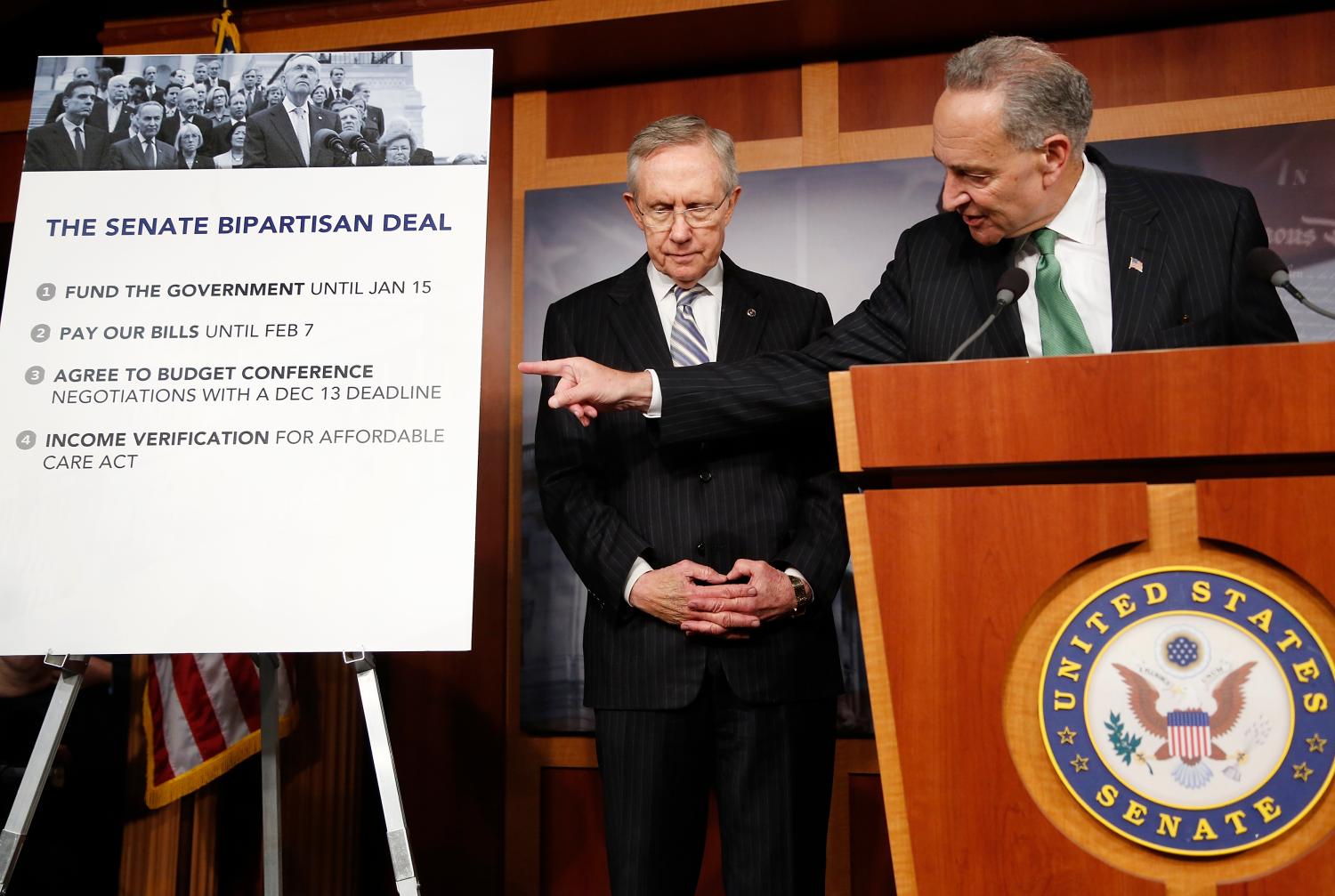 Schumer and Reid appear at a news conference in Washington