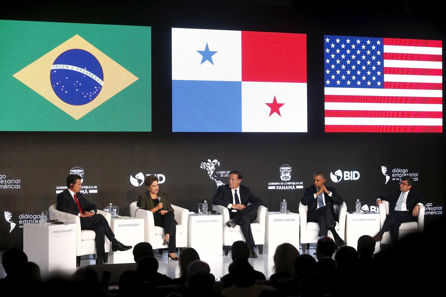 Nieto, Rousseff, Varela, Obama and Moreno talk to business leaders at the CEO Summit of the Americas in Panama City, Panama