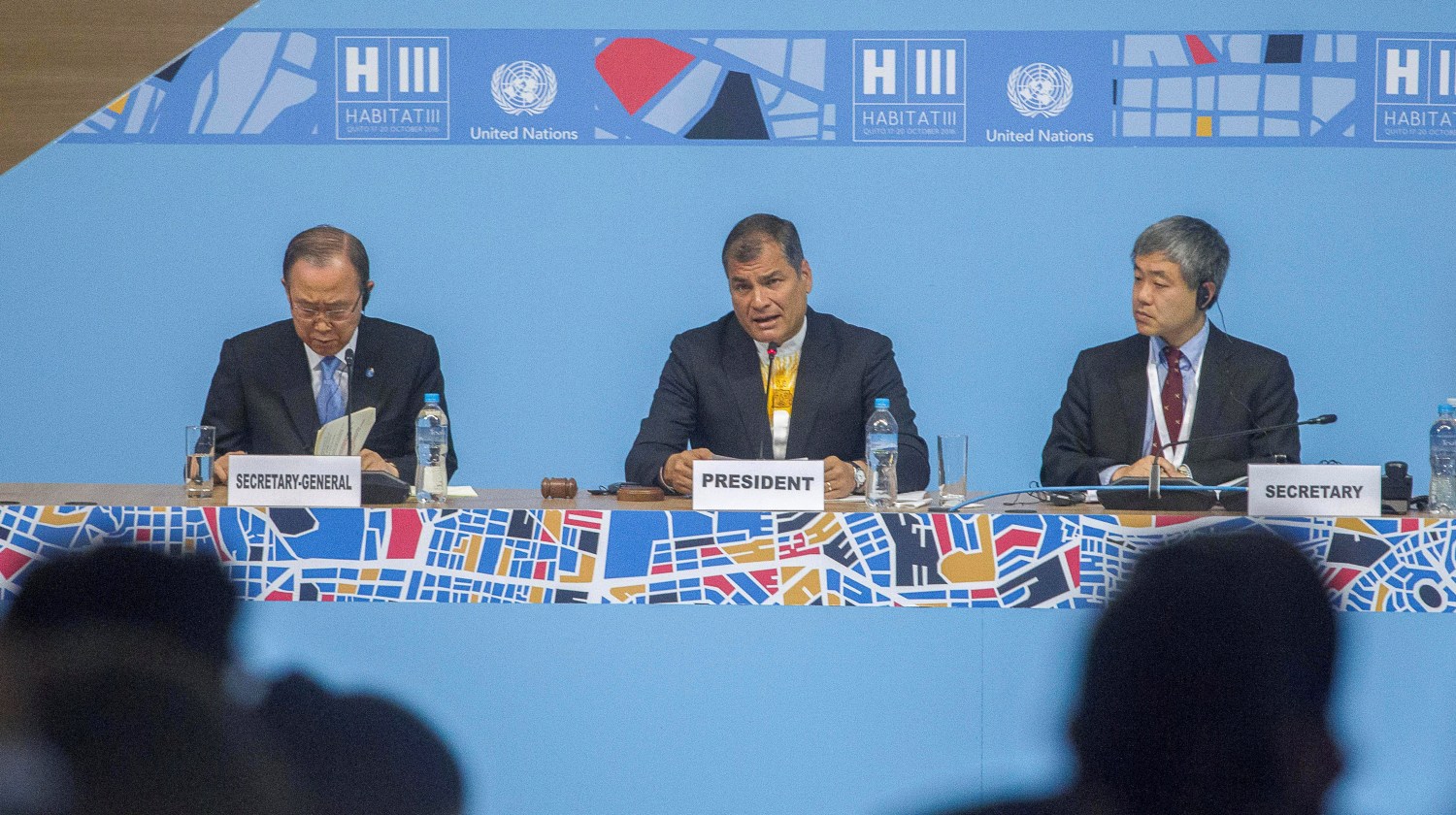 Secretary General of UN Ban Ki-moon, Ecuadorean President Rafael Correa and Secretary General of UN Habitat III conference Joan Clos attend ceremony at the Habitat III headquarters in Quito