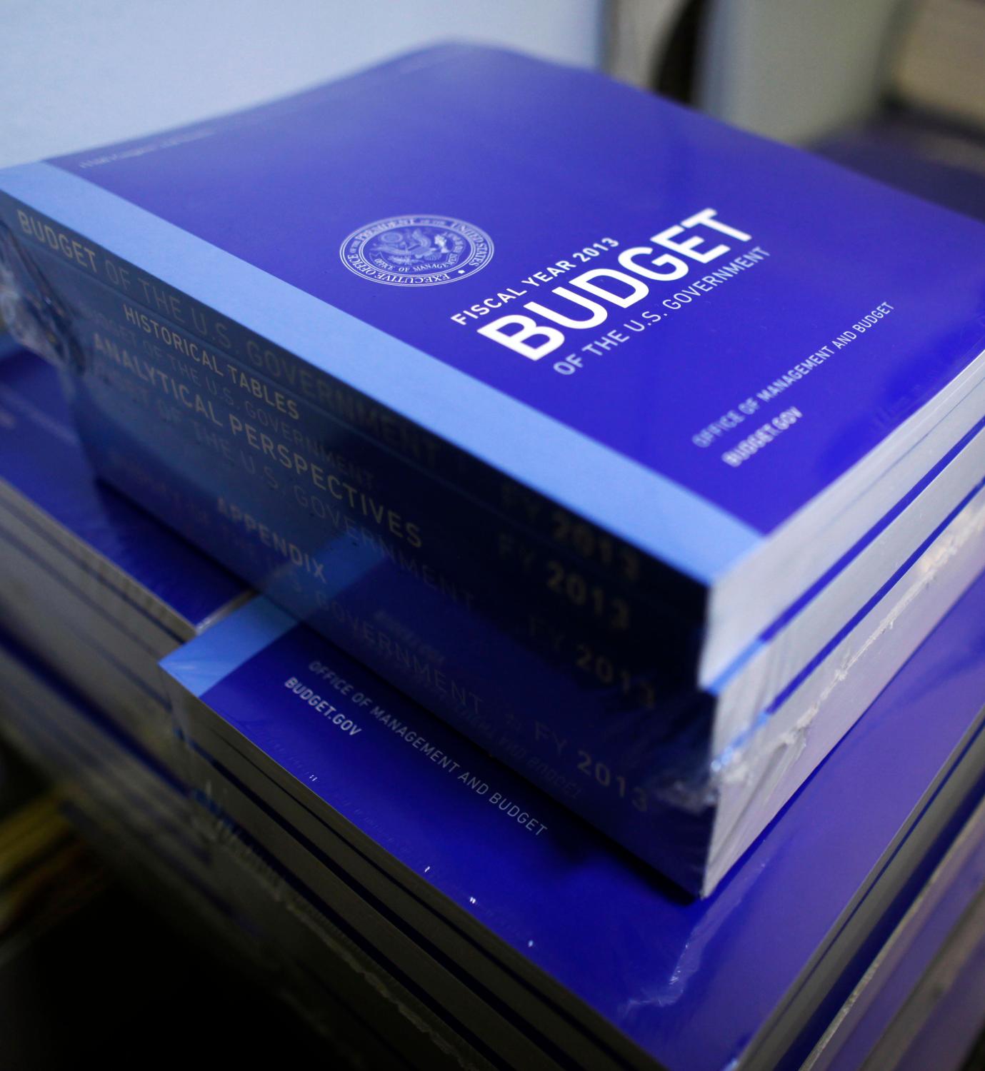 Copies of U.S. President Barack Obama's Fiscal Year 2013 budget are seen stacked on the floor of the House Budget Committee room on Capitol Hill in Washington