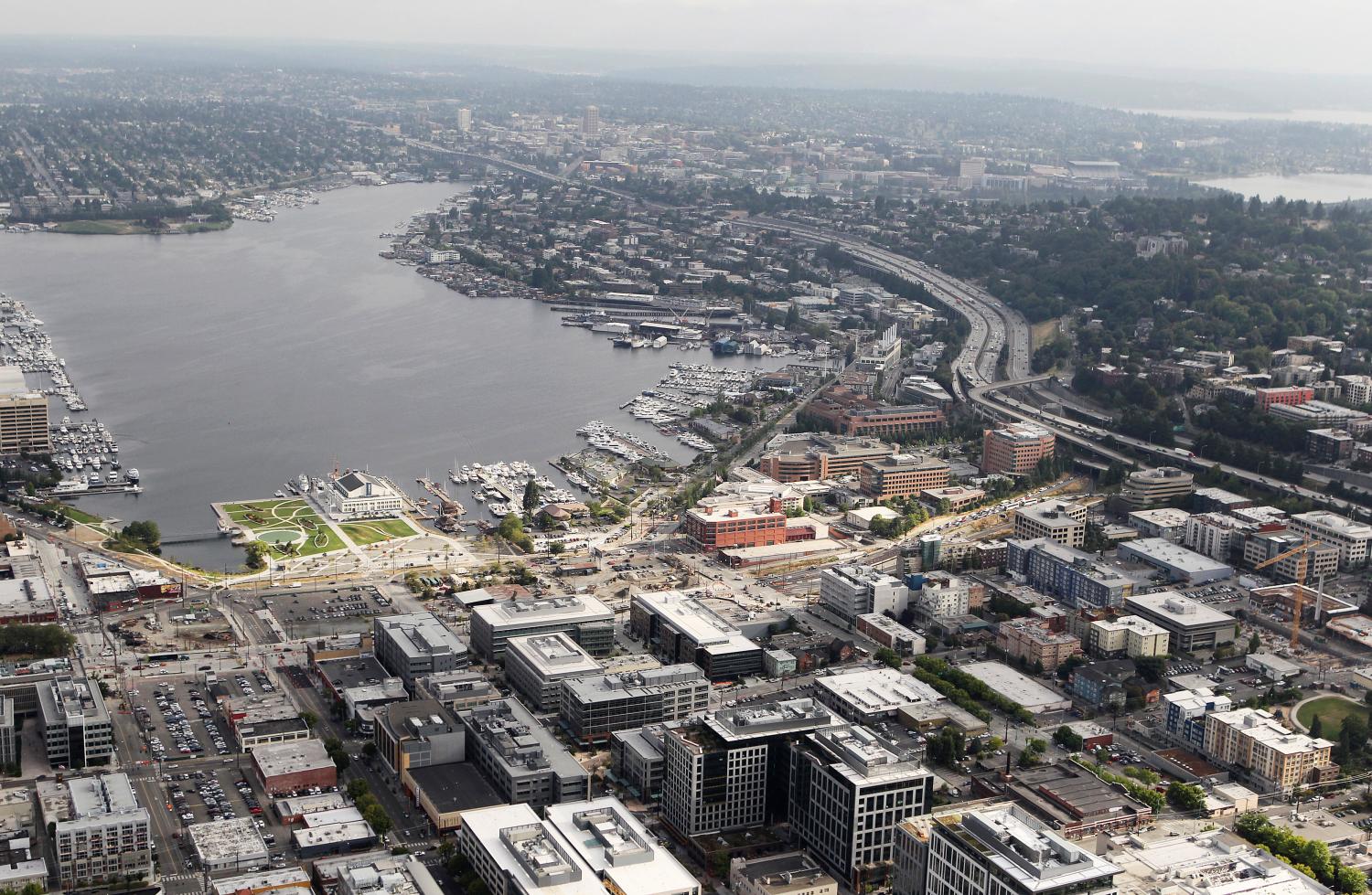 Aerial view looking north shows a portion of retail giant Amazon.com's corporate headquarters in the South Lake Union neighborhood of Seattle