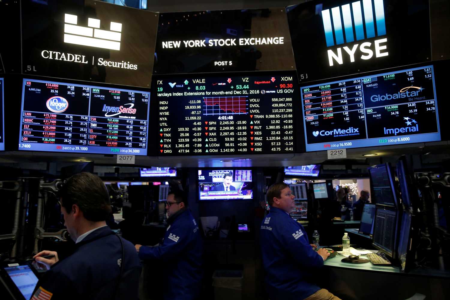 Traders work on the floor at the close of trading at the New York Stock Exchange (NYSE) in Manhattan, New York City, U.S.