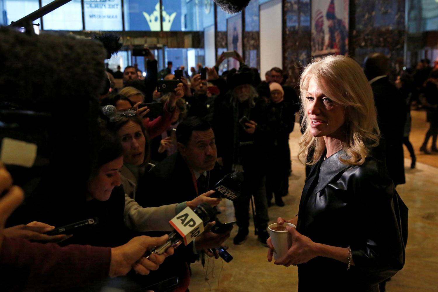 Kellyanne Conway, campaign manager and senior advisor to the Trump Presidential Transition Team, speaks to reporters at Trump Tower in New York