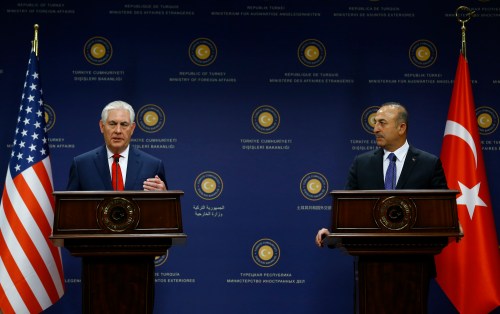 U.S. Secretary of State Rex Tillerson and Turkish Foreign Minister Mevlut Cavusoglu attend a news conference in Ankara, Turkey, March 30, 2017. REUTERS/Umit Bektas