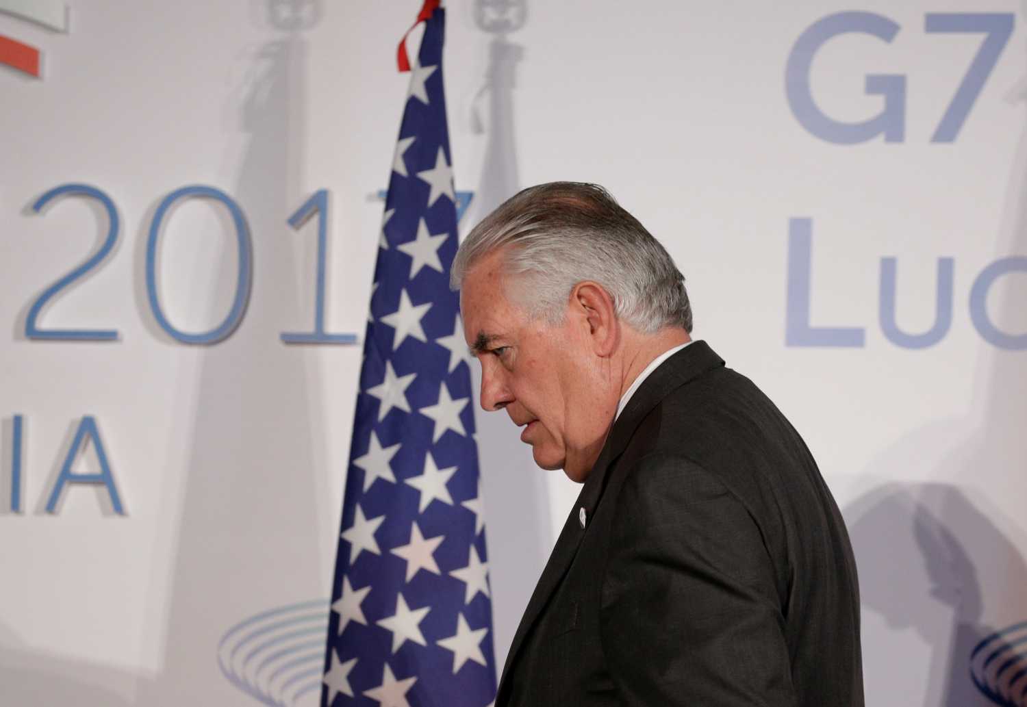 U.S. Secretary of State Rex Tillerson arrives to pose for a family photo during a G7 for foreign ministers in Lucca, Italy April 11, 2017. REUTERS/Max Rossi - RTX3518Z
