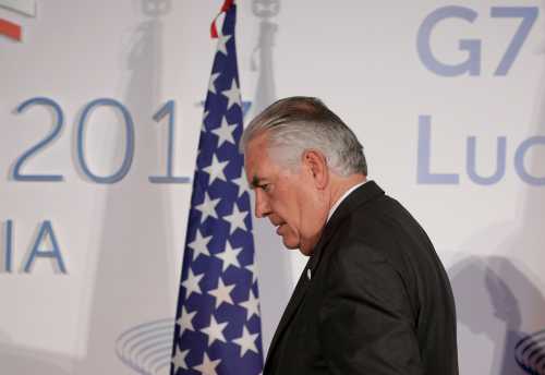 U.S. Secretary of State Rex Tillerson arrives to pose for a family photo during a G7 for foreign ministers in Lucca, Italy April 11, 2017. REUTERS/Max Rossi - RTX3518Z