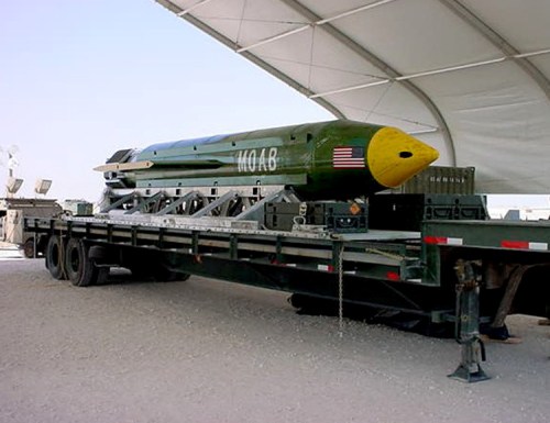 DATE IMPORTED:April 13, 2017The GBU-43/B Massive Ordnance Air Blast (MOAB) bomb is pictured in this undated handout photo. Eglin Air Force Base/Handout via REUTERS ATTENTION EDITORS - THIS IMAGE WAS PROVIDED BY A THIRD PARTY. EDITORIAL USE ONLY.