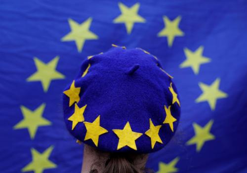 Person wearing a European Union-themed flag beret