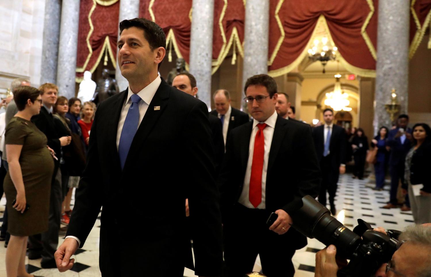 Speaker of the House Paul Ryan walks from the House Chamber after the U.S. House of Representatives approved a bill on Thursday to repeal major parts of Obamacare and replace it with a Republican healthcare plan in Washington, U.S., May 4, 2017. REUTERS/Kevin Lamarque TPX IMAGES OF THE DAY - RTS157JJ
