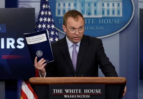 Office of Management and Budget Director Mick Mulvaney holds a briefing on President Trump's FY2018 proposed budget in the press briefing room at the White House in Washington, U.S., May 23, 2017. REUTERS/Jim Bourg - RTX378T2