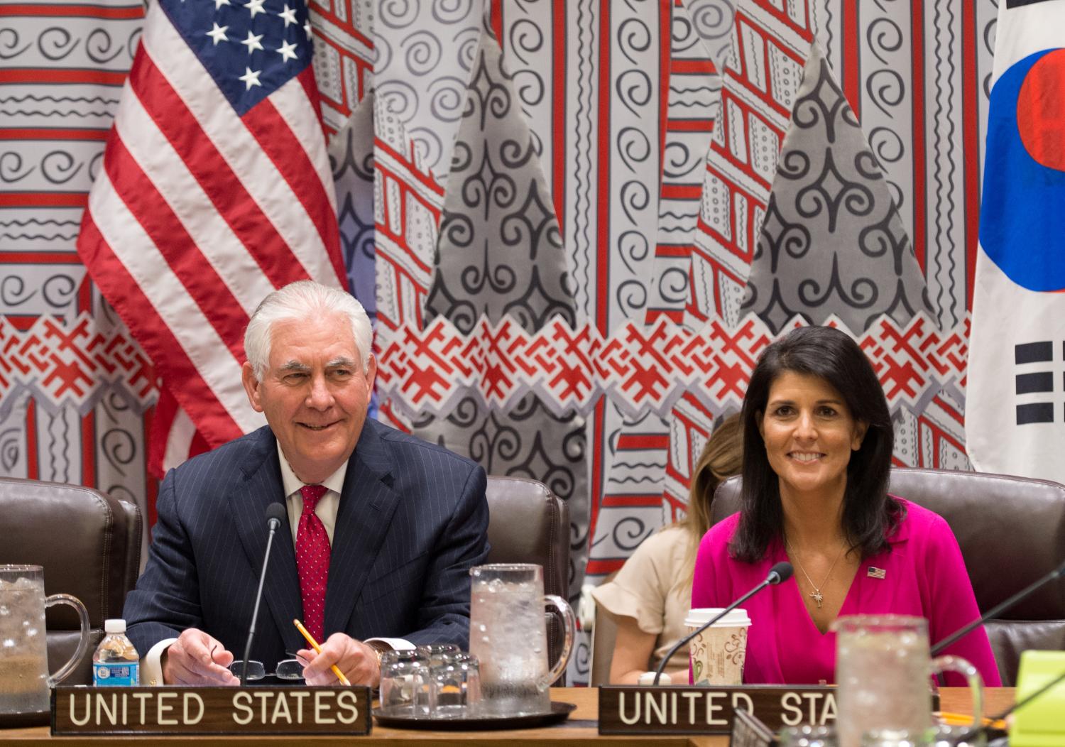 U.S. Secretary of State Rex Tillerson and U.S. Ambassador to the United Nations Nikki Haley hold a trilateral meeting with with Japanese Foreign Minister Fumio Kishida and South Korean Foreign Minister Yun Byung-se at the United Nations in New York City, U.S., April 28, 2017. REUTERS/ Bryan R. Smith/Pool - RTS14CBF