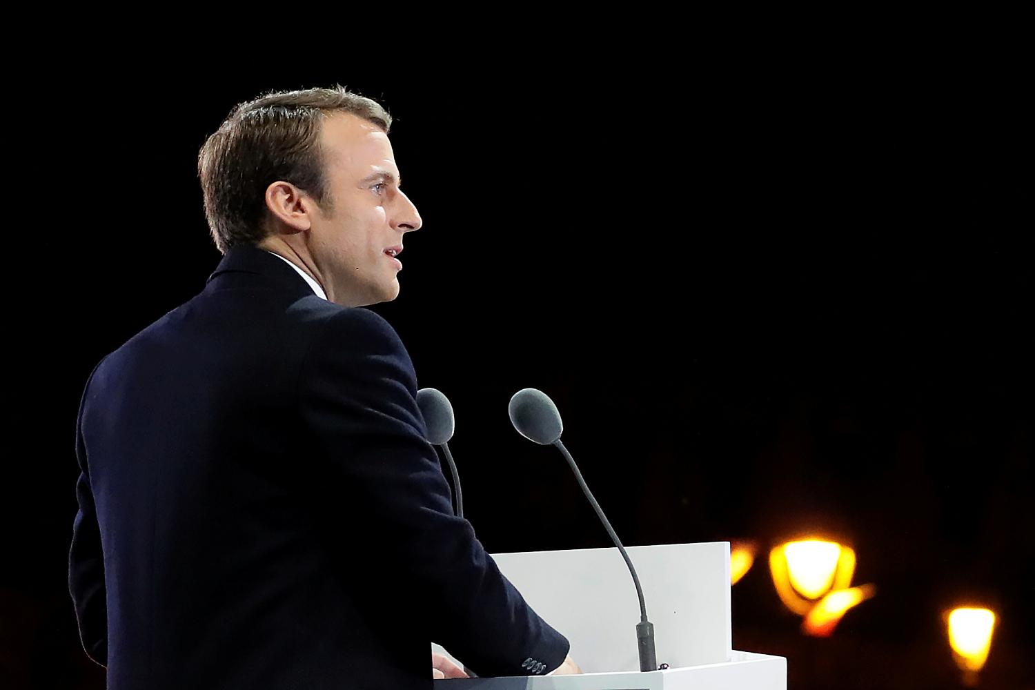 French President elect Emmanuel Macron delivers a speech during his victory rally near the Louvre museum after results in the 2017 presidential election in Paris, France, May 7, 2017. REUTERS/Thomas Samson/Pool