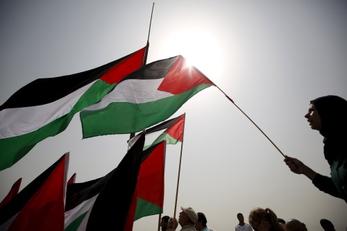 Demonstrators hold Palestinian flags as they celebrate after the U.N. General Assembly overwhelmingly approved a Palestinian-drafted resolution to fly Palestine's flag at United Nations headquarters, during a protest against Jewish settlements in the occupied West Bank village of Nabi Saleh near Ramallah, September 11, 2015. There were 119 votes in favor out of 193 U.N. members.The United States and Israel were among eight countries that voted against the Palestinian-drafted resolution, which says the flags of non-member observer states like Palestine "shall be raised at (U.N.) Headquarters (in New York) and United Nations Offices following the flags of the member states." REUTERS/Mohamad Torokman - RTSMSD