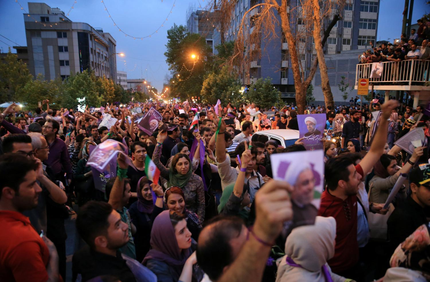 Supporters of Iranian president Hassan Rouhani gather as they celebrate his victory in the presidential election in Tehran, Iran, May 20, 2017. TIMA via REUTERS ATTENTION EDITORS - THIS IMAGE WAS PROVIDED BY A THIRD PARTY. FOR EDITORIAL USE ONLY. - RTX36R1Q
