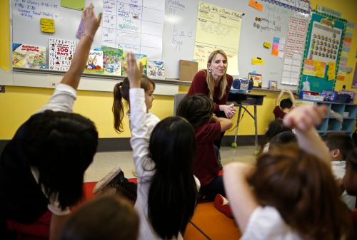 Teacher Audrey Benes speaks to her kindergarten class at Walsh Elementary School in Chicago, Illinois