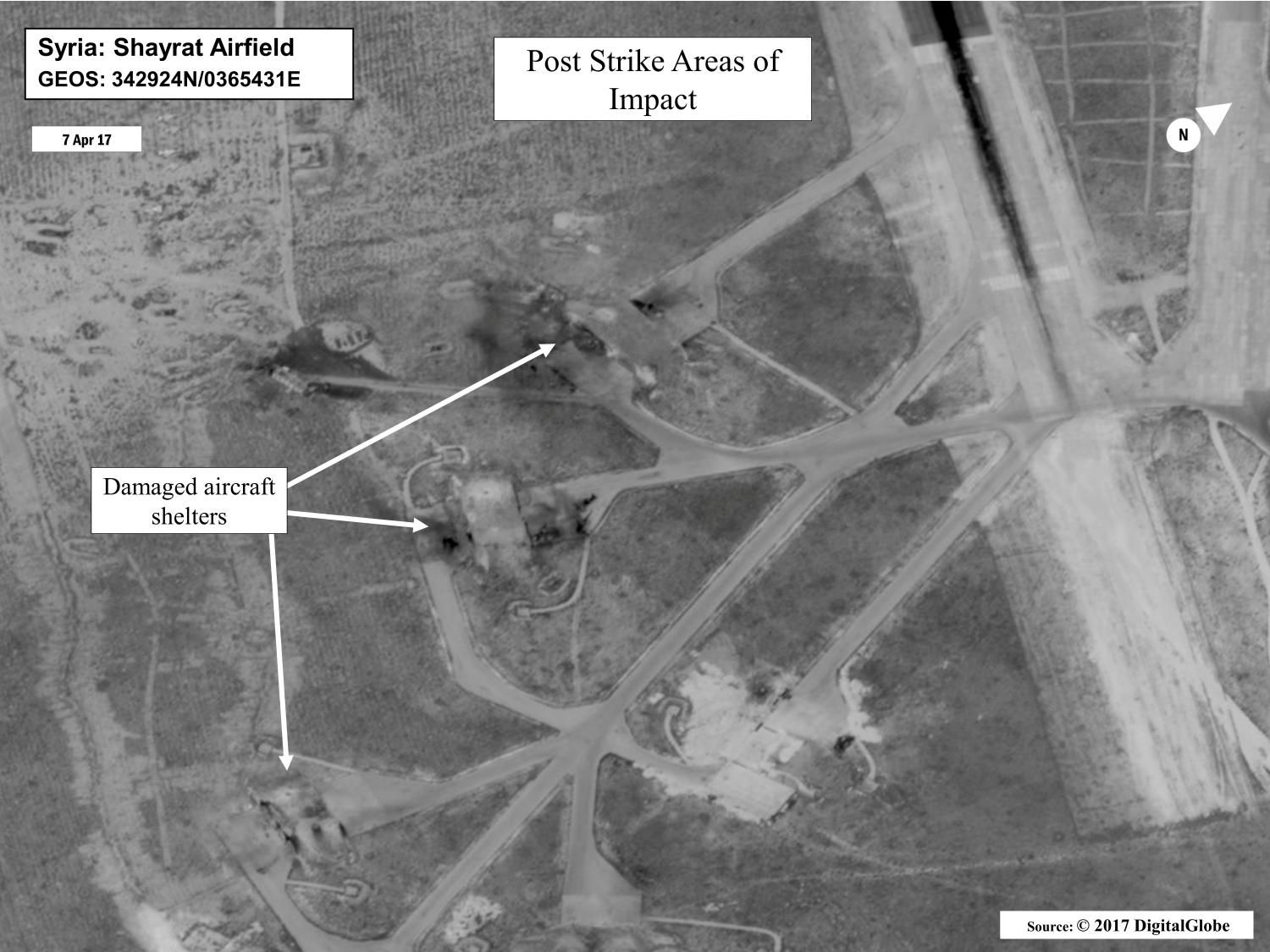 Battle damage assessment image of Shayrat Airfield, Syria, is seen in this DigitalGlobe satellite image, released by the Pentagon following U.S. Tomahawk Land Attack Missile strikes from Arleigh Burke-class guided-missile destroyers, the USS Ross and USS Porter on April 7, 2017. DigitalGlobe/Courtesy U.S. Department of Defense/Handout via REUTERS ATTENTION EDITORS - THIS IMAGE WAS PROVIDED BY A THIRD PARTY. EDITORIAL USE ONLY. MANDATORY CREDIT. - RTX34MOV