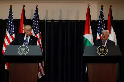 U.S. President Donald Trump and Palestinian President Mahmoud Abbas deliver remarks after their meeting at the Presidential Palace in the West Bank city of Bethlehem May 23, 2017. REUTERS/Jonathan Ernst - RTX375L8