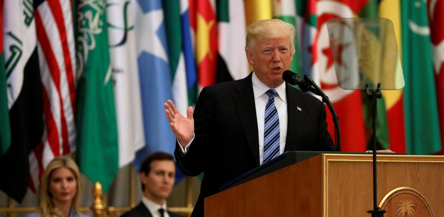 U.S. President Donald Trump delivers a speech during Arab-Islamic-American Summit in Riyadh, Saudi Arabia May 21, 2017. REUTERS/Jonathan Ernst TPX IMAGES OF THE DAY - RTX36UI6