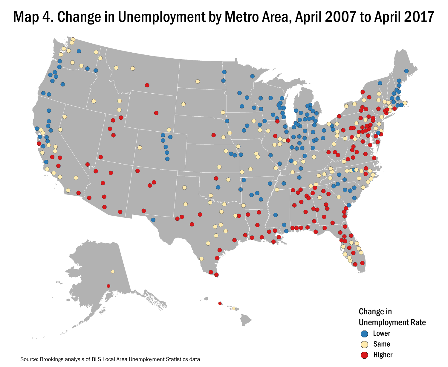 Map of change in unemployment by metro area, April 2007 to April 2017