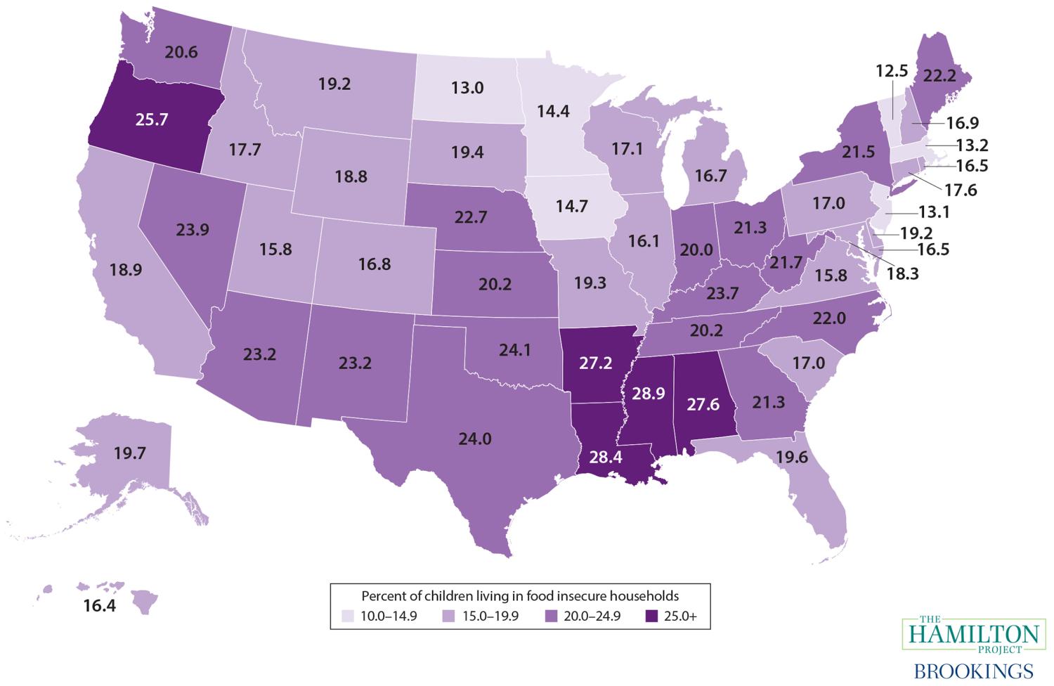 Map: Percentage of children living in food-insecure households, by state