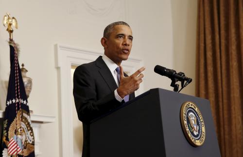 U.S. President Barack Obama delivers a statement.