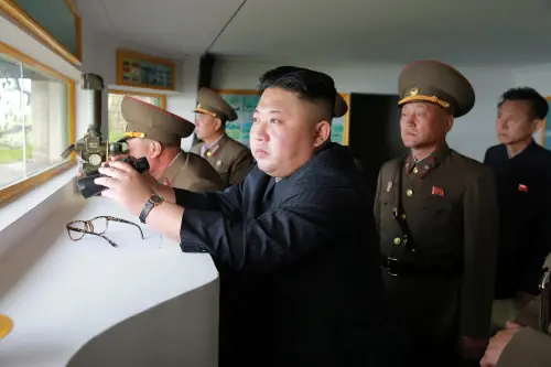 North Korean leader Kim Jong Un inspects the defence detachment on Jangjae Islet and the Hero Defence Detachment on Mu Islet located in the southernmost part of the waters off the southwest front, in this undated photo released by North Korea's Korean Central News Agency (KCNA) on May 5, 2017. KCNA/ via REUTERSATTENTION EDITORS - THIS PICTURE WAS PROVIDED BY A THIRD PARTY. REUTERS IS UNABLE TO INDEPENDENTLY VERIFY THE AUTHENTICITY, CONTENT, LOCATION OR DATE OF THIS IMAGE. FOR EDITORIAL USE ONLY. NOT FOR SALE FOR MARKETING OR ADVERTISING CAMPAIGNS. NO THIRD PARTY SALES. NOT FOR USE BY REUTERS THIRD PARTY DISTRIBUTORS. SOUTH KOREA OUT. NO COMMERCIAL OR EDITORIAL SALES IN SOUTH KOREA. THIS PICTURE IS DISTRIBUTED EXACTLY AS RECEIVED BY REUTERS, AS A SERVICE TO CLIENTS. - RTS15ACG