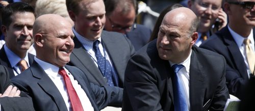 White House National Security Advisor H.R. McMaster (L) talks with Director of the White House National Economic Council Gary Cohn (R) as they wait in the Rose Garden prior to U.S. President Donald Trump announcing his decision that the U.S. will withdraw from the Paris Climate Agreement, at the White House in Washington, U.S., June 1, 2017. REUTERS/Joshua Roberts
