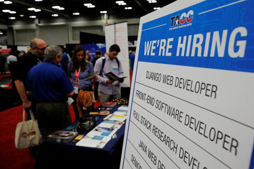A sign announces the jobs open at the Texas Advanced Computing Center at the Job Market at the South by Southwest Music Film Interactive Festival 2017 in Austin